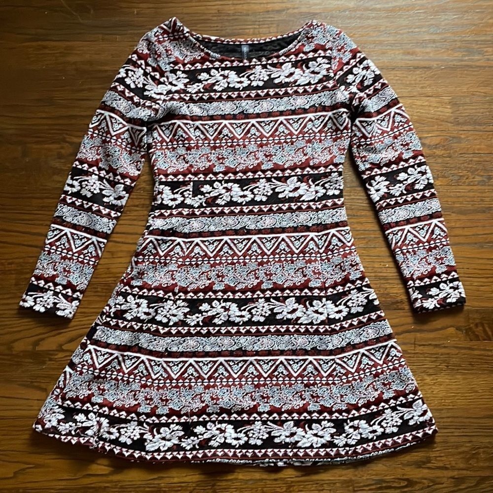 Massini Red, White & Black Patterned Fit and Flare Dress